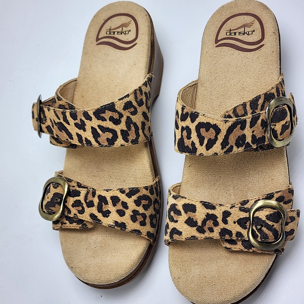 Dansko Leopard Print Leather Slide Sandals Womens 37 Wedge Buckle Size 6.5 - Picture 4 of 13